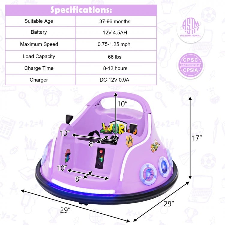 Purple 12V electric ride-on car with remote control, LED lights, and dual joysticks for kids aged 37-96 months.
